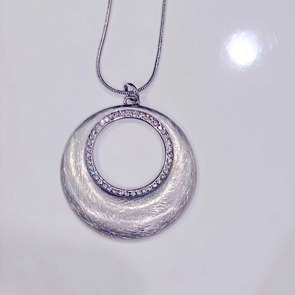 Necklace Circular Rhinestones &  Polished Scratch Finish Pendant silver tone